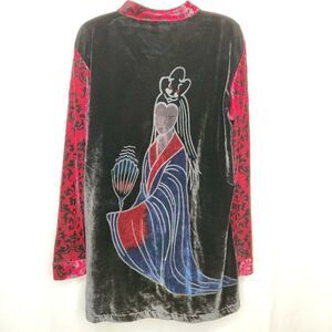 Velvet Blouse Geisha Ornate Tunic M Flocked Black Red Blue Oriental